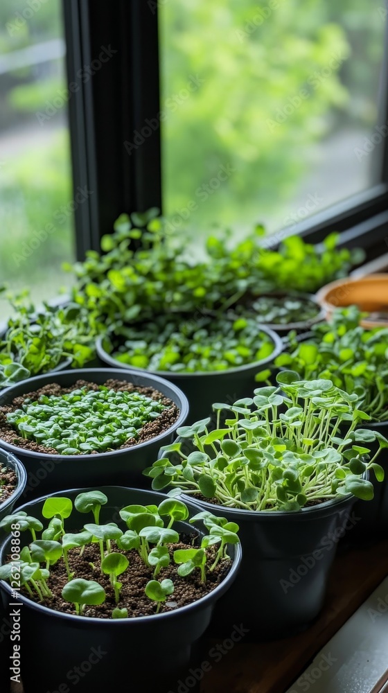 Sprouting Herbs in Pots on a Windowsill Sprouting Herbs in Pots on a Windowsill