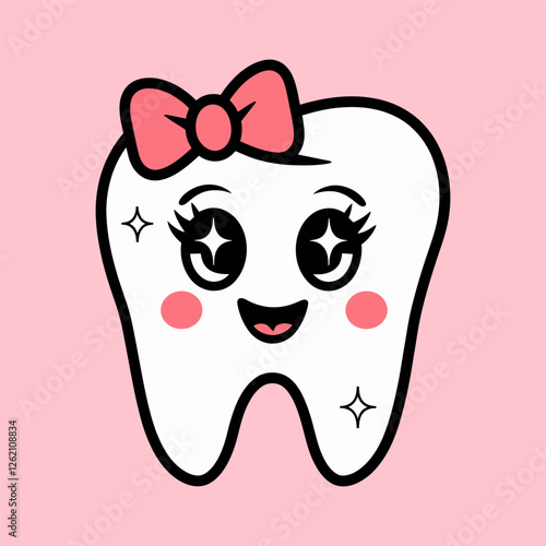 Cute Kawaii Tooth with Bow Cartoon Illustration
