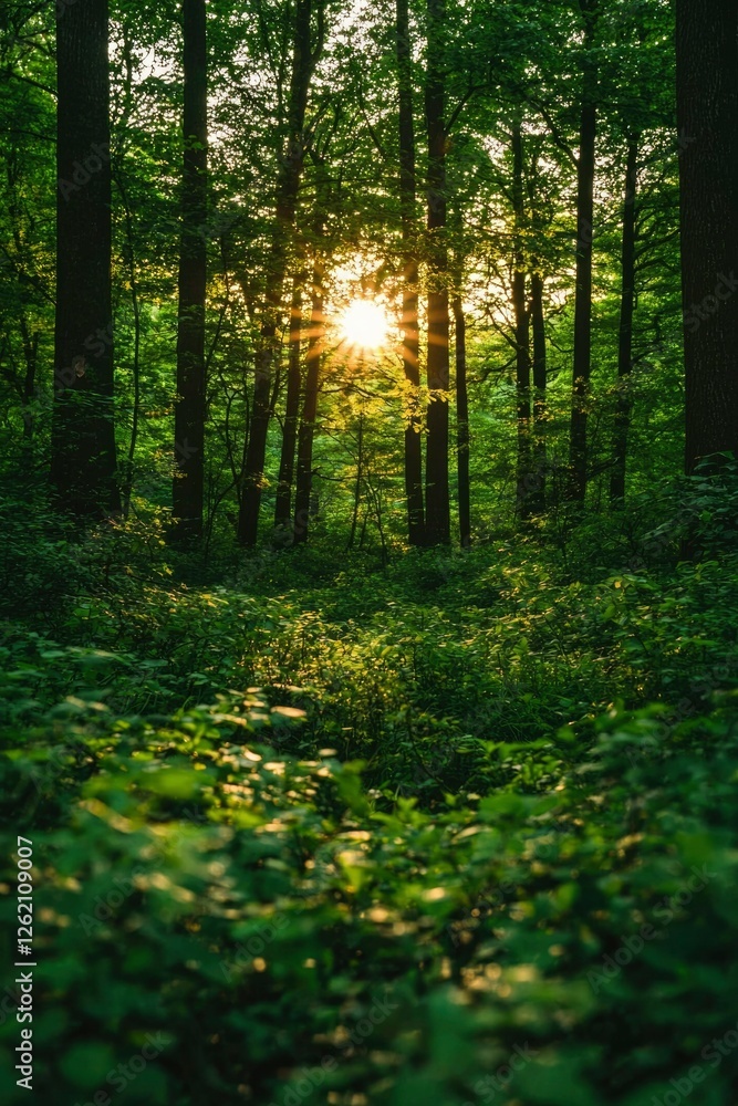 Fototapeta premium Sunset Glowing Through Lush Green Forest Trees