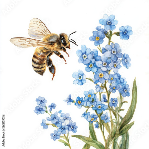 Illustration bee flying towards forget me nots in realistic boho style