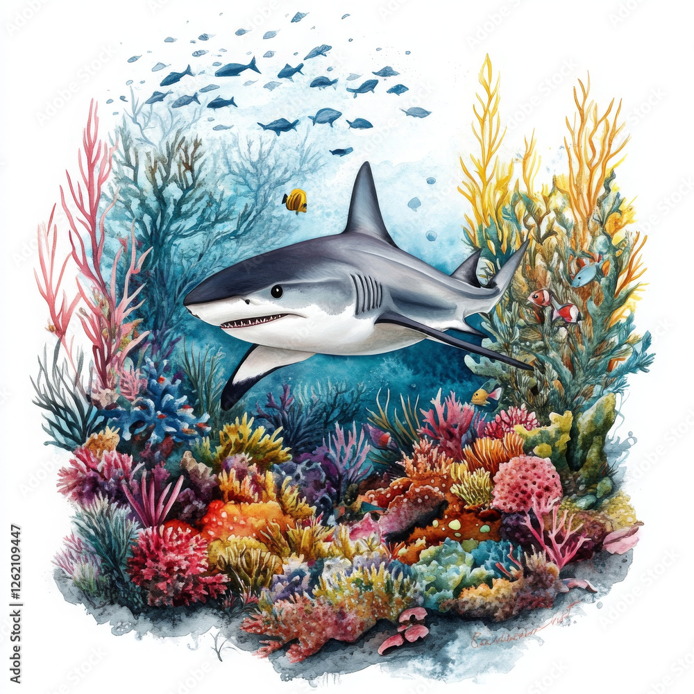 Obraz premium Watercolor shark swims among colorful coral with wonder