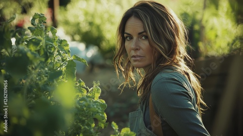 attractive woman age 40, whith wave light brown hair in a survival situation tending a veggie garden