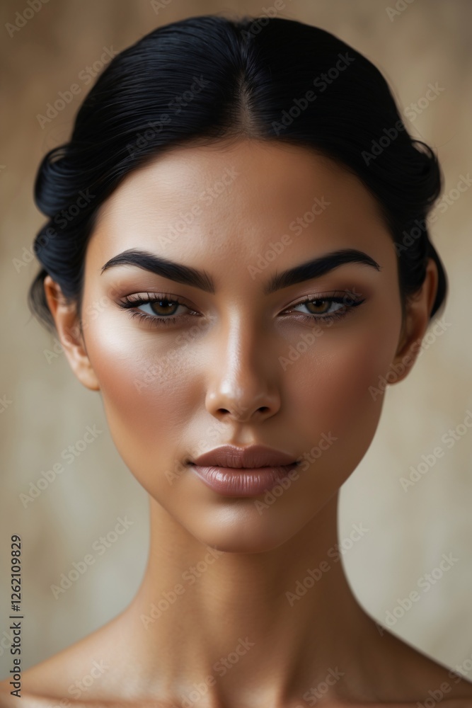 Naklejka premium Stunning portrait of a young woman with captivating features and flawless skin, set against a softly blurred warm background, showcasing natural beauty and elegance in a serene moment