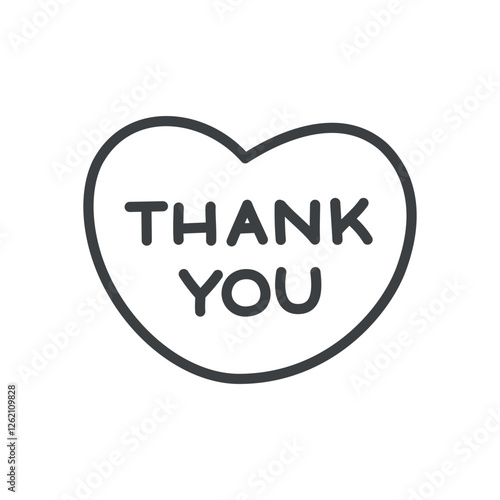Cute "Thank you" icon. Hand drawn monochrome illustration of a "Thank you" text in the heart isolated on a white background. Kawaii emoji. Vector 10 EPS.