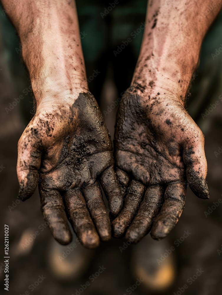 Fototapeta premium Man's dirty hands after working outside. Man holding muddy hands together.