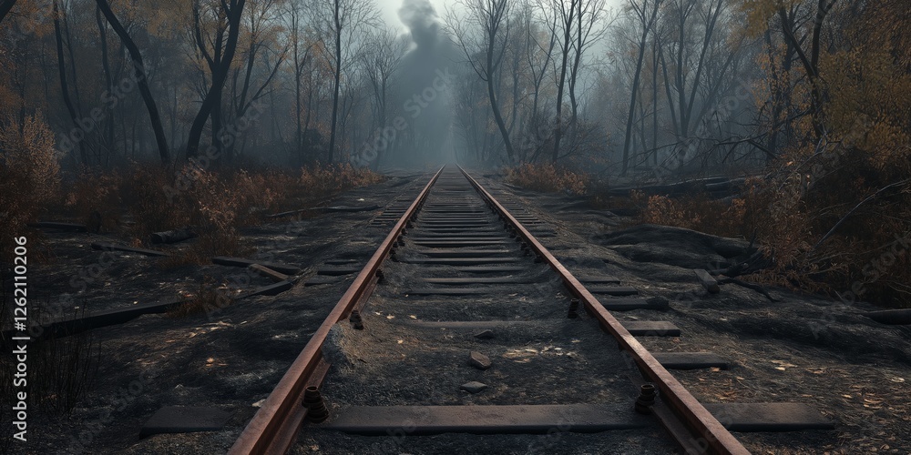 Naklejka premium Realistic Train Tracks Through Burnt Forest: A desolate railway cutting through a scorched forest