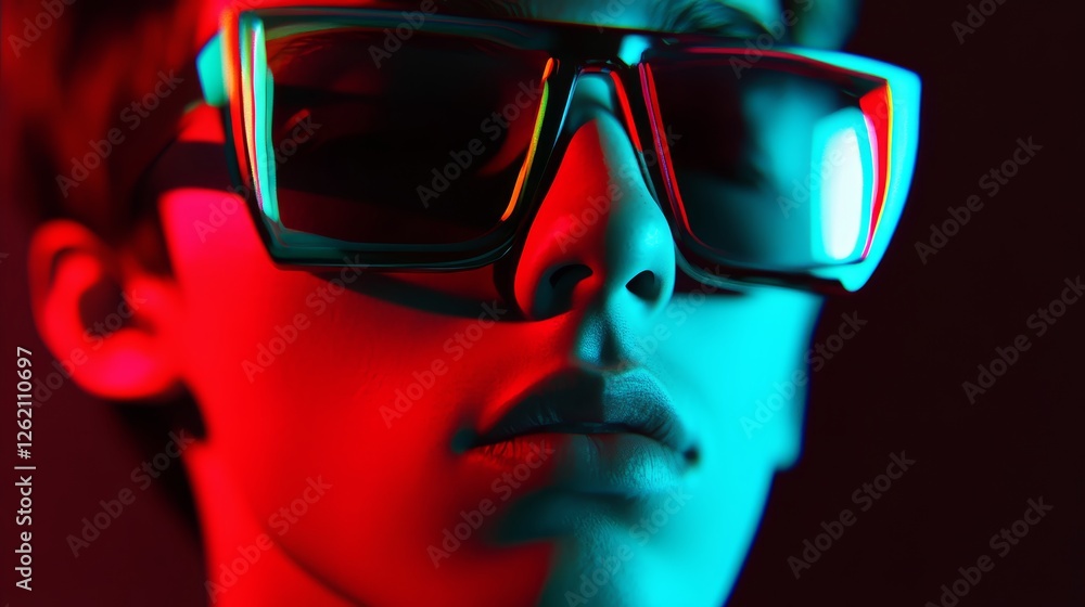 Abstract portrait featuring vibrant neon hues and futuristic eyewear Abstract portrait featuring vibrant neon hues and futuristic eyewear