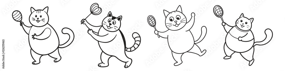 Obraz premium Chubby Playful Cat Playing Badminton Collection Set