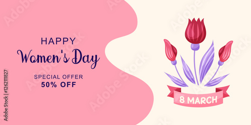 March 8 Women's Day horizontal banner with tulips from right edge. Simple cute greeting card. Vector illustration.
