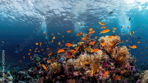 A vibrant coral reef teeming with tropical fish, colorful corals, and marine life. Sunlight filters through the crystal-clear ocean water. Generative AI.