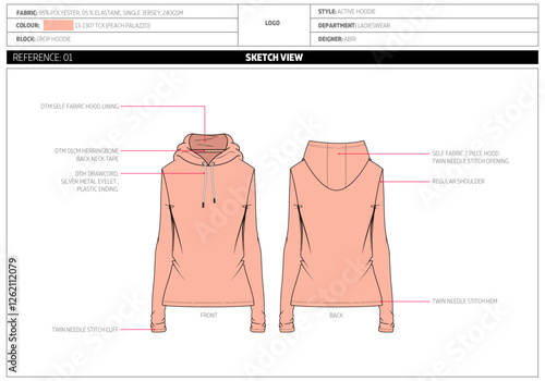 Women Sports Hoodie Fashion Design Technical Tech Pack.