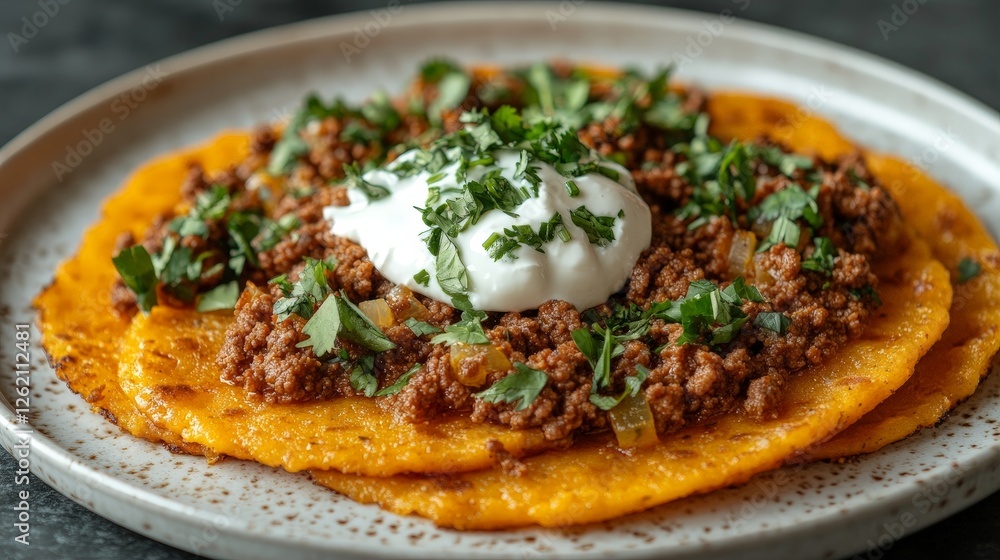A plate of tortillas topped with seasoned meat, cilantro, and sour cream. A plate of tortillas topped with seasoned meat, cilantro, and sour cream.