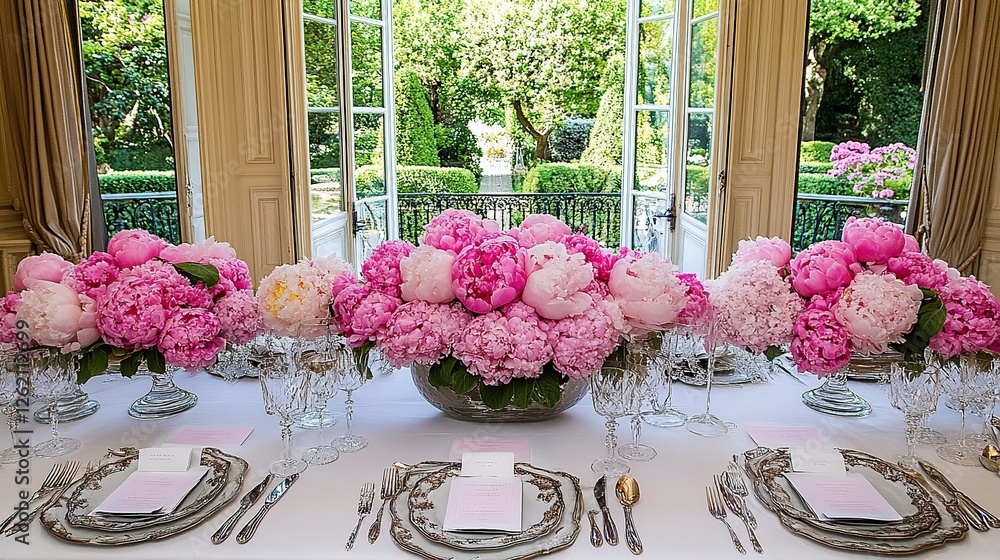 Fototapeta premium Elegant pink peony centerpiece, mansion dining room, garden view, event