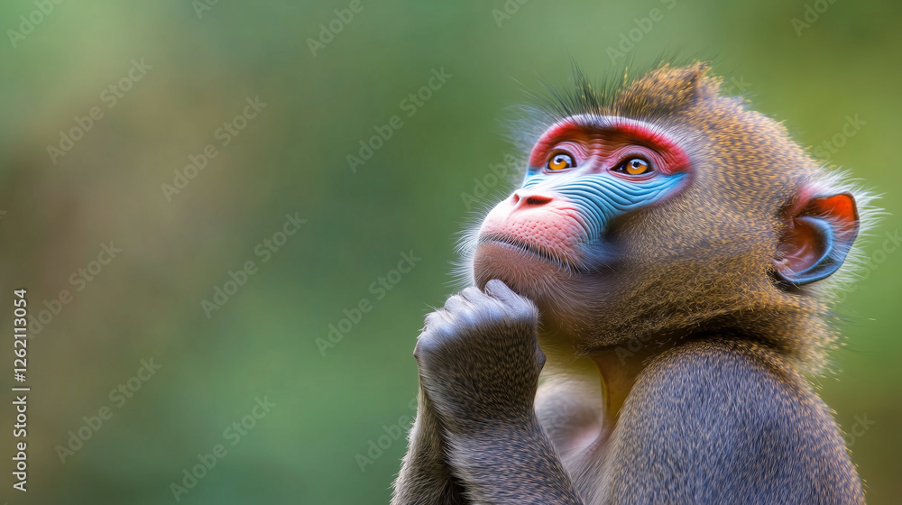 Fototapeta premium Mandrill Grooming and Scratching A mandrill scratching its fur, displaying its striking appearance with vivid blue and red facial features. The image captures the animal in the act
