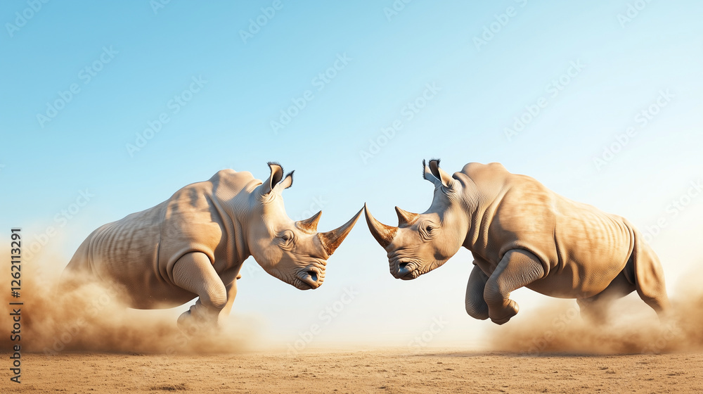 Fototapeta premium Two White Rhinos Fighting in the Savannah A dramatic scene of two white rhinos engaged in a fierce battle in the African savannah. The dust rises as their massive bodies clash, sho