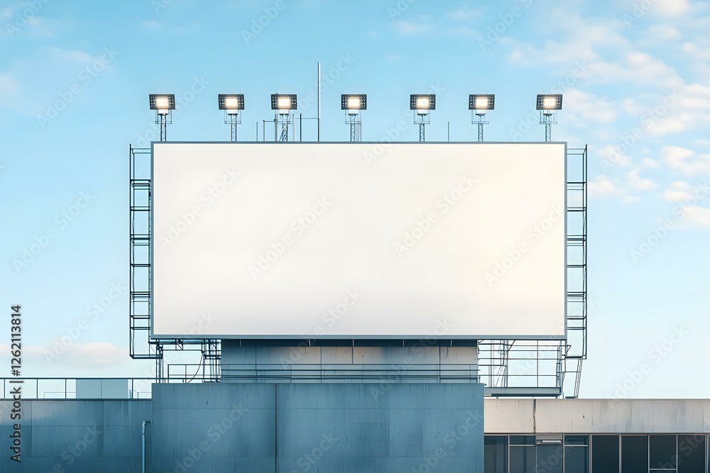 Blank White Billboard with Spotlights on Top of a Busy Intersection Blank White Billboard with Spotlights on Top of a Busy Intersection