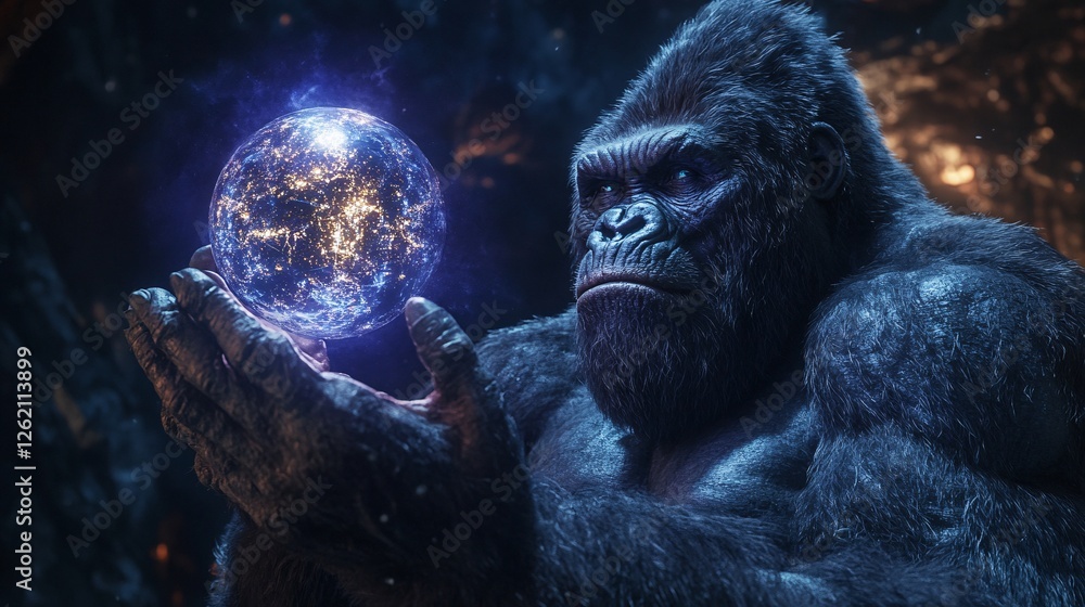 Naklejka premium Gorilla Contemplates Illuminated Global Orb