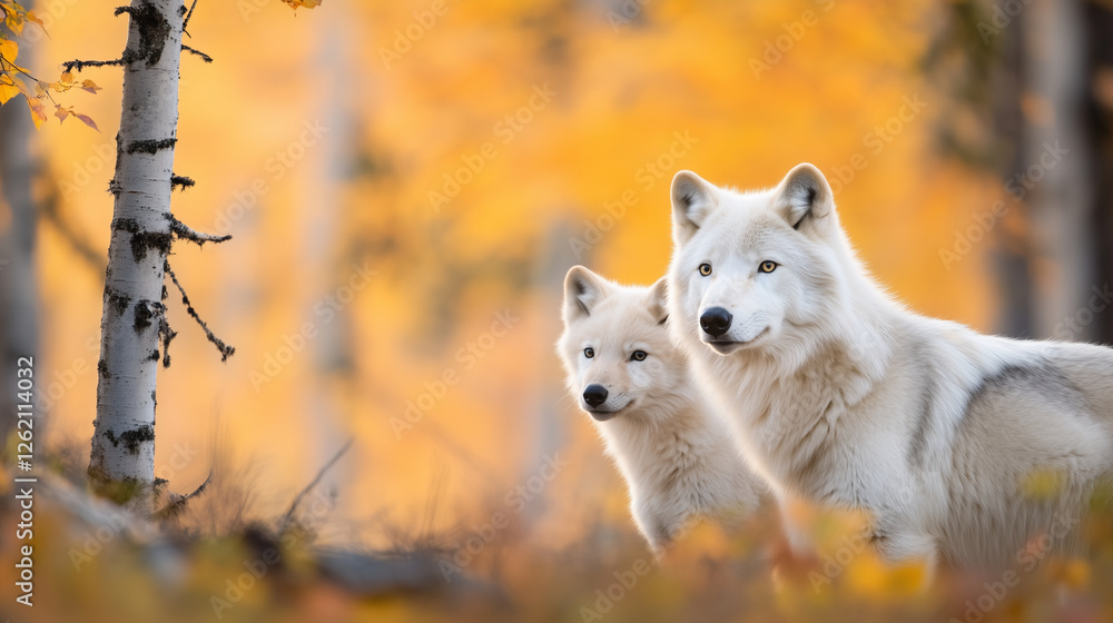 Obraz premium Arctic Wolf Family in Fall Forest A stunning portrayal of an Arctic wolf family in a forest during autumn, with the treesâ rich autumn hues framing their strong, majestic presence.