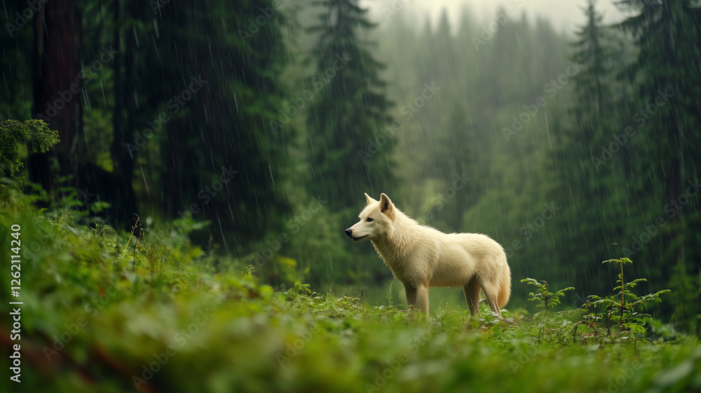Solitary White Wolf in Rainy Forest Solitary White Wolf in Rainy Forest