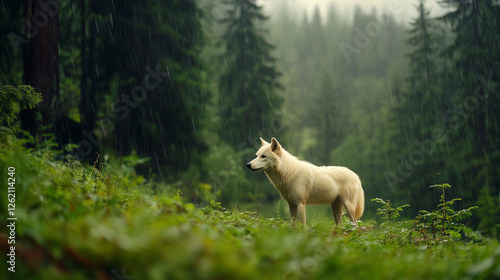 Solitary White Wolf in Rainy Forest 
