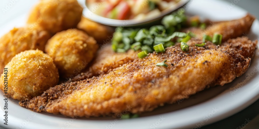 Delicious Fried Catfish and Hushpuppies with Fresh Garnish Delicious Fried Catfish and Hushpuppies with Fresh Garnish