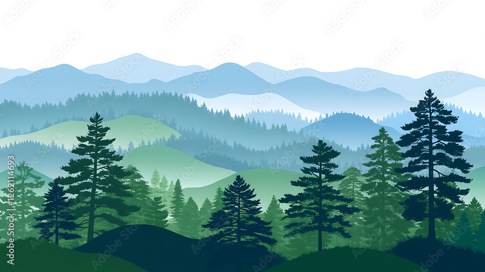 Fototapeta premium Evergreen Forest Layers in Gradient Blue and Green Mountain Range Vector Illustration Scenery