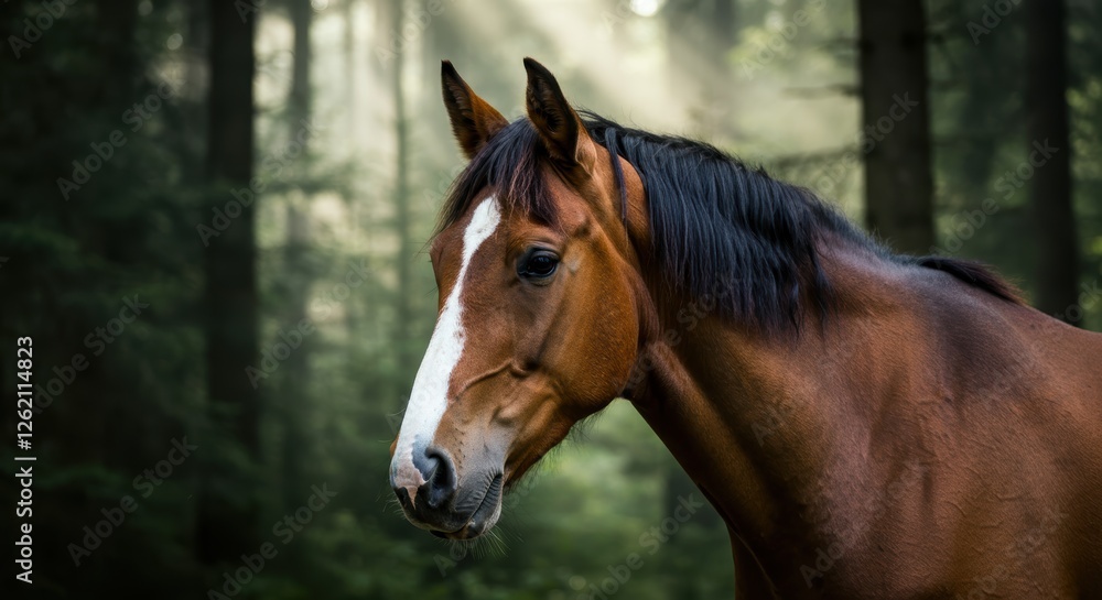 Majestic brown horse in sunlit forest Majestic brown horse in sunlit forest