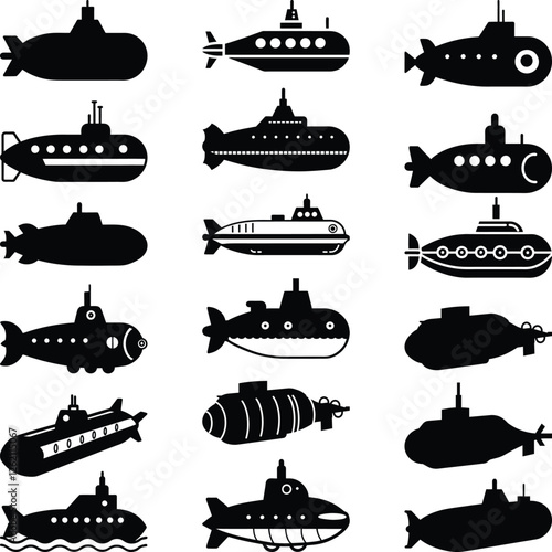 Set Submarine Silhouettes, Submarine Icons Set, Atom Submarine, Submarines Navy illustration