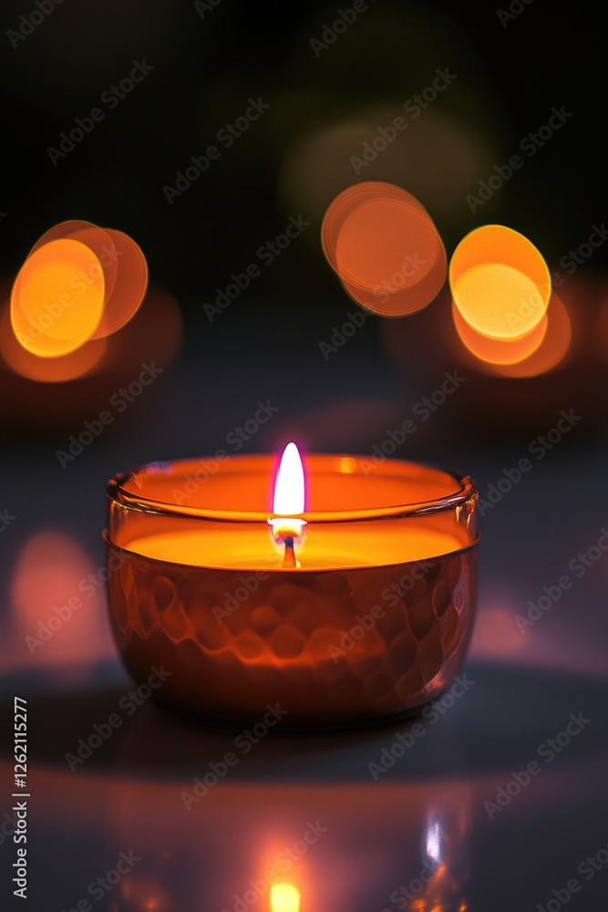 A small votive candle glowing with a bright flame, creating an atmospheric bokeh light effect in the background. A small votive candle glowing with a bright flame, creating an atmospheric bokeh light effect in the background.