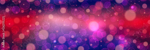 Purple and red siren neon seamless bg with overlay bokeh effect and noise texture. Gradient mesh vector illustration. Blurred wallpaper