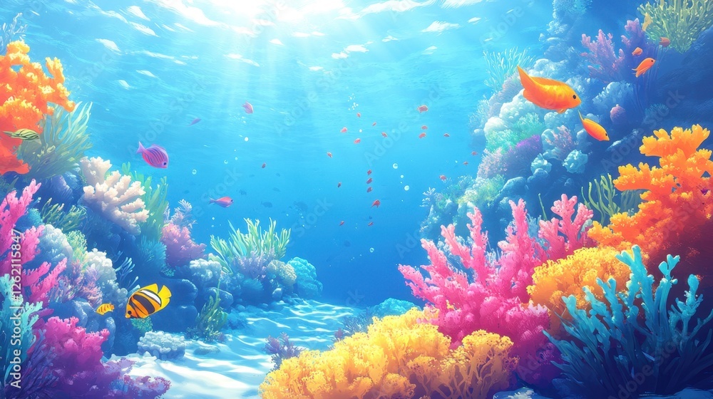Naklejka premium A colorful coral reef with a variety of fish swimming among the corals in the blue ocean.