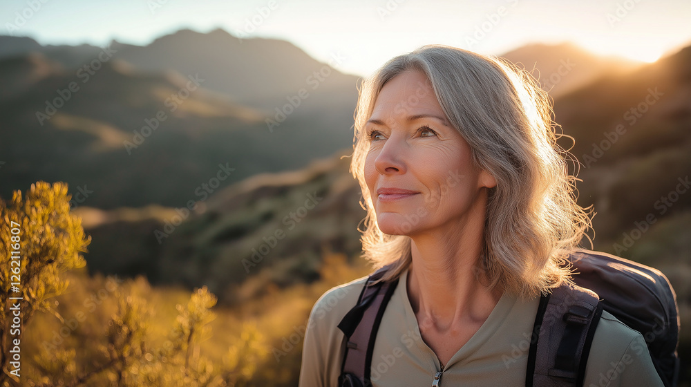 Senior woman hiking on a mountain trail, looking ahead with confidence, dramatic sunlight accentuating the landscape, adventurous and inspiring Senior woman hiking on a mountain trail, looking ahead with confidence, dramatic sunlight accentuating the landscape, adventurous and inspiring
