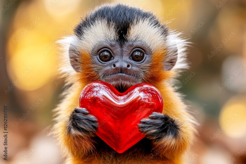 Cute tamarin baby with diamond red heart on in a natural habitat. Tamarin - my desired animal. Ad animal visual idea. Cute couple in the wild. Wild couple in love. Love story in nature. Cute tamarin baby with diamond red heart on in a natural habitat. Tamarin - my desired animal. Ad animal visual idea. Cute couple in the wild. Wild couple in love. Love story in nature.