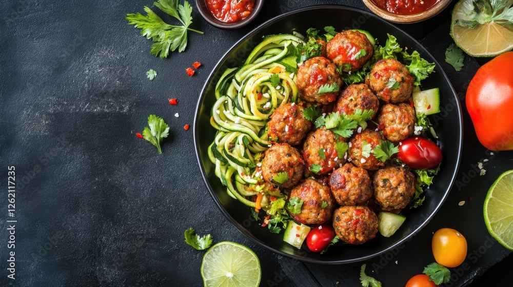 Delicious homemade meatballs with zucchini noodles and fresh vegetables on a dark background National Meatball Day Delicious homemade meatballs with zucchini noodles and fresh vegetables on a dark background National Meatball Day