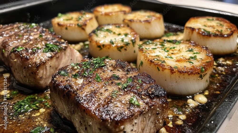 Skillet Pepper Steak. Gourmet surf and turf with grilled steak and seared scallops garnished with fresh herbs Skillet Pepper Steak. Gourmet surf and turf with grilled steak and seared scallops garnished with fresh herbs