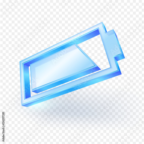 3D battery charge level icon, material is clear blue glass isolated on white background. Vector illustration file.
