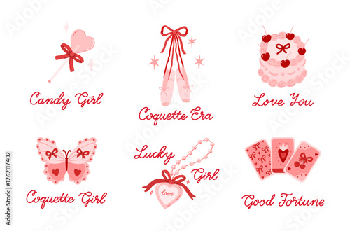 Set of 6 compositions. Decorative pretty elements. Text inscriptions: Candy Girl, Coquette era, Coquette girl, Lucky girl, Love you, Good Fortune. Whimsical vector illustration. Elegant Collection