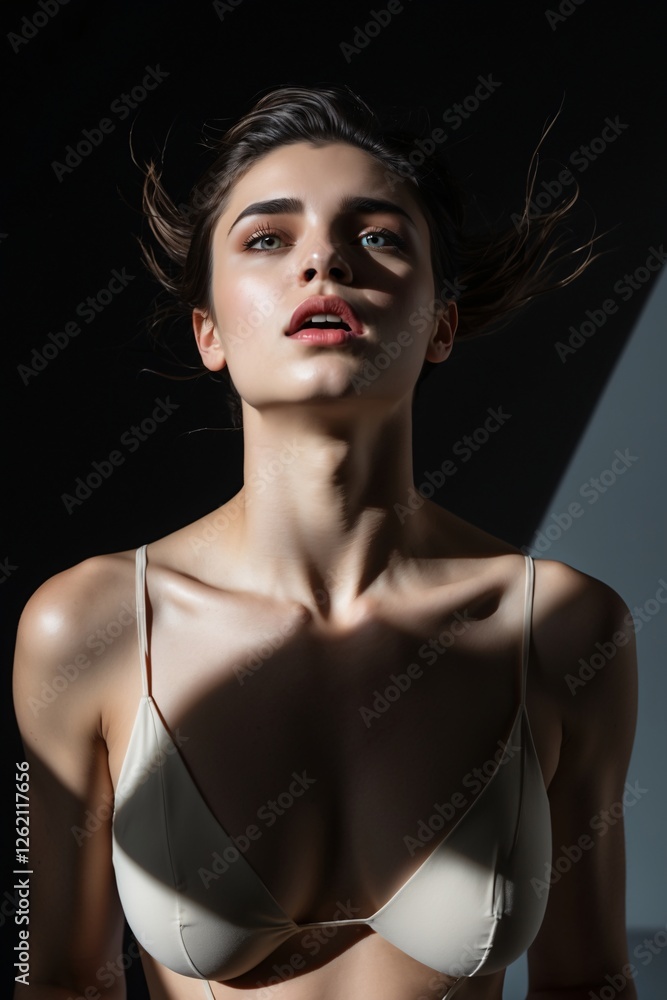 Embodying light and shadow, a model captures the essence of elegance in a contemporary studio setting during a dramatic fashion shoot at dusk