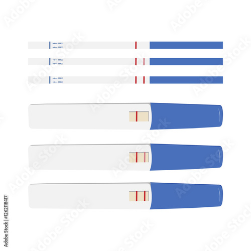 Pregnancy test. Plastic and paper tests. Pregnancy or ovulation positive and negative test with top view isolated on white background. Vector illustration.