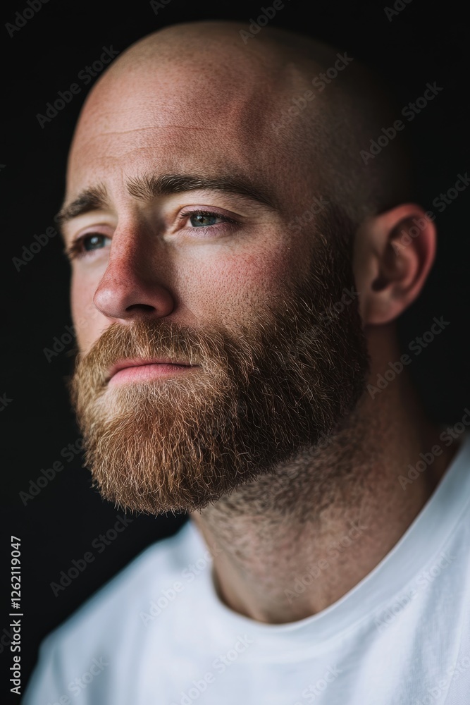 Obraz premium Portrait of a man with a beard, close-up of a calm expression against a dark background, perfect for lifestyle and mens grooming themes.