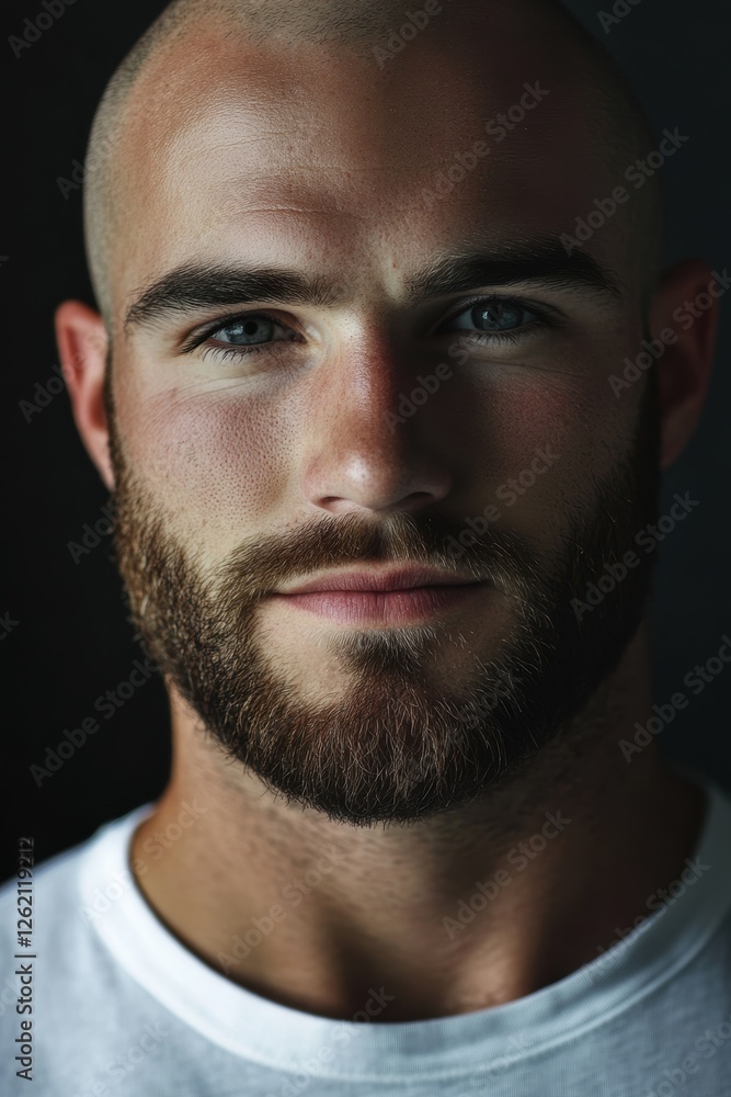 Obraz premium Portrait of a confident young man with a beard and shaved head, ideal for lifestyle, fashion, and personal branding visuals in contemporary photography.