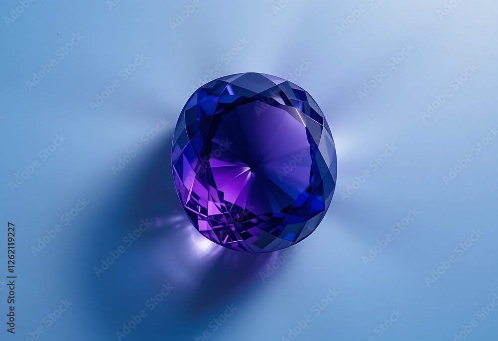 A Large Purple Gemstone Rests on a Blue Background A Large Purple Gemstone Rests on a Blue Background