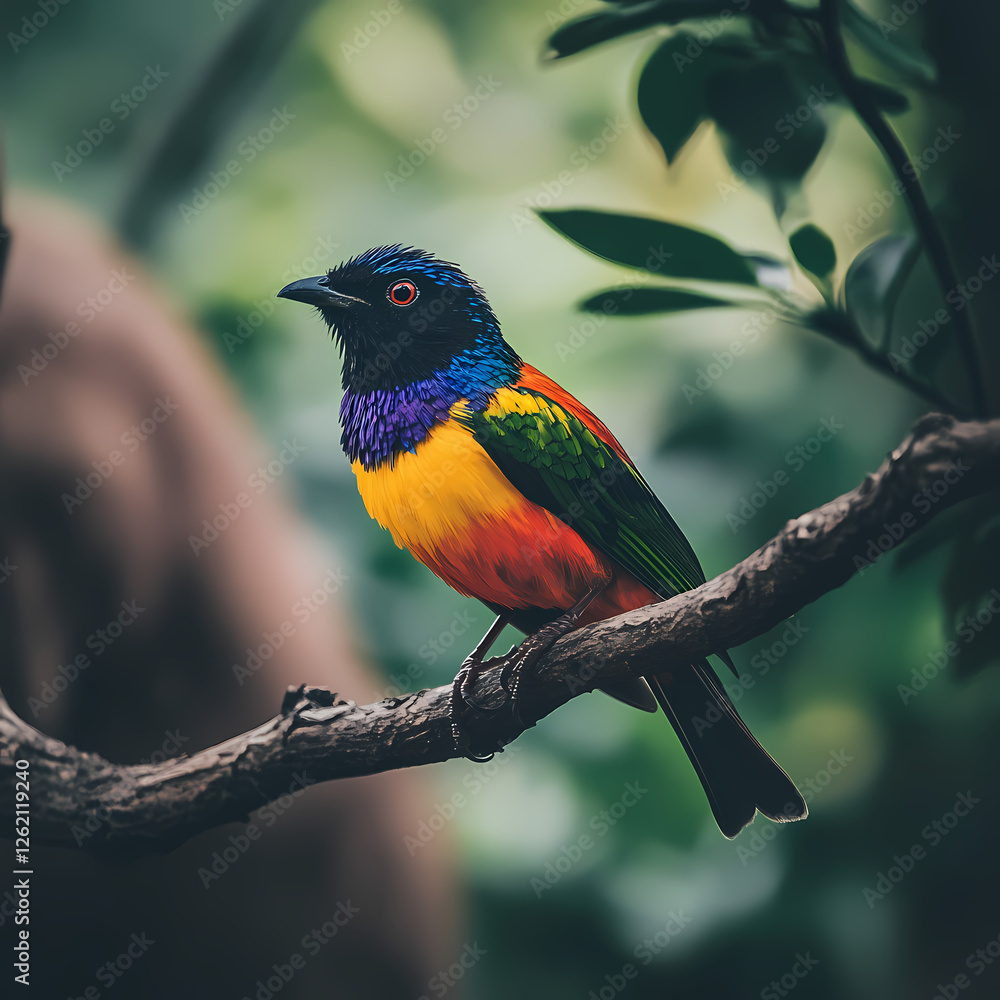 Obraz premium Colorful bird perched on a branch in lush surroundings during daylight. Generative AI