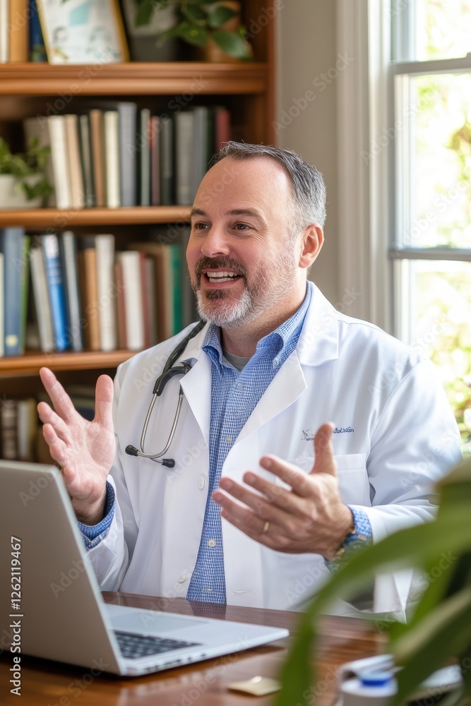 Fototapeta premium Online consultation with a smiling doctor in a home office, discussing health advice through video call on a laptop, wellness and telemedicine concept