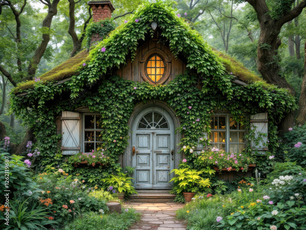An old wooden house overgrown with plants and a house in the forest An old wooden house overgrown with plants and a house in the forest