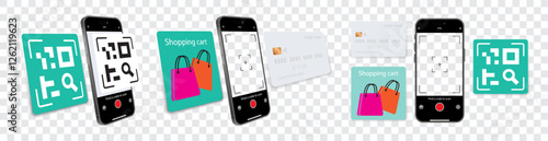 Smartphone QR Code Payment: 3D Front and Side View E-Commerce with Shopping Cart and Credit Cards. Vector Illustration.