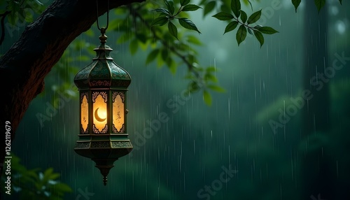 Beautiful colorful illuminated lamp in the garden in misty night