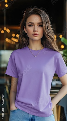 T-shrit mockup | A woman wearing purple color t shirt mockup; with necklace; at the cafe; front view