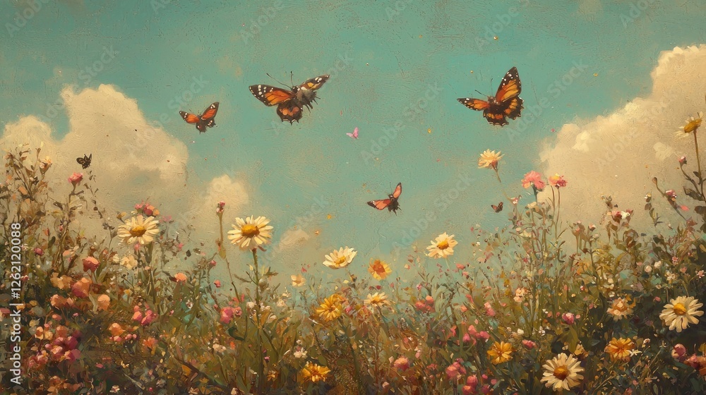 Monarch butterflies fluttering over a colorful wildflower meadow under a bright sky. Nature beauty, pollination, ecosystem, biodiversity, summer scene, flying insects, wildlife. Generative AI Monarch butterflies fluttering over a colorful wildflower meadow under a bright sky. Nature beauty, pollination, ecosystem, biodiversity, summer scene, flying insects, wildlife. Generative AI
