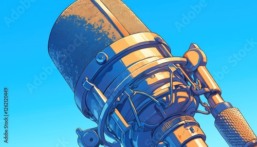 Microphone close-up shot, clear blue sky in background. Audio use
